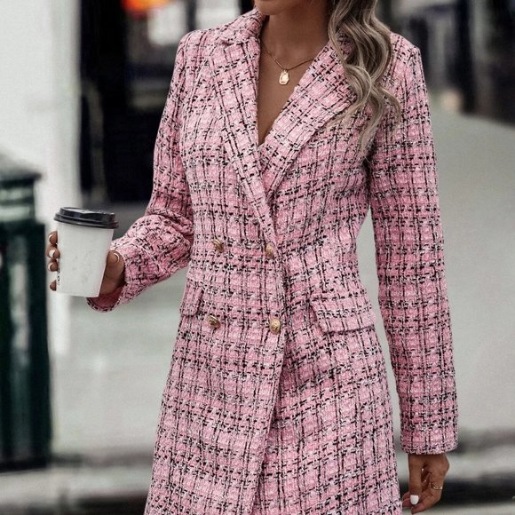 Pink Preppy Womens Plaid Pattern Double Breasted Tweed Overcoat - Picture 4 of 5